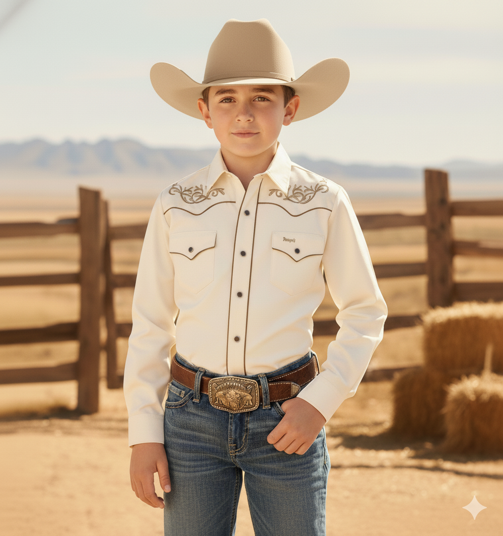 Chemise western beige brodée - Enfant