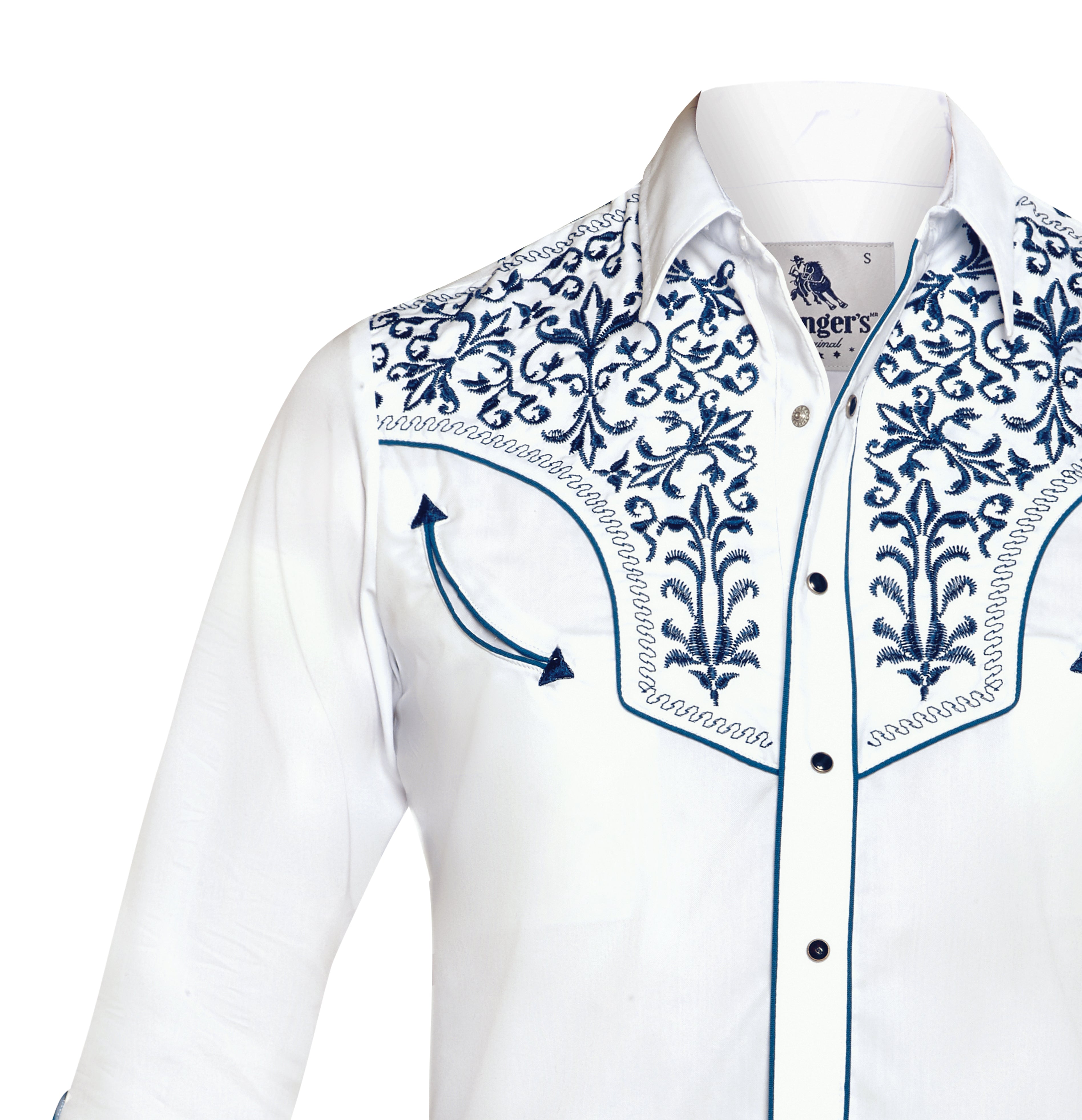 Chemise western blanche brodée bleu marine