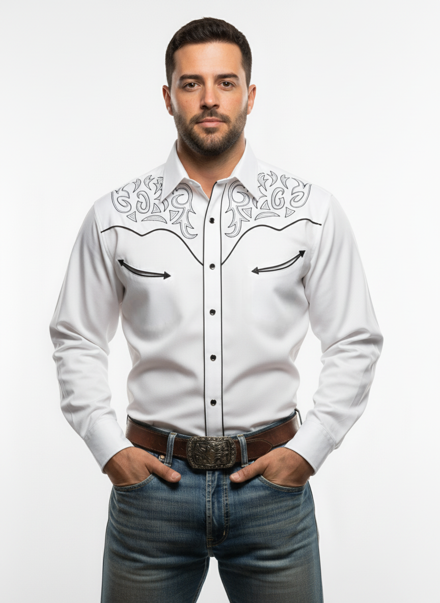 Chemise western blanche brodée noire