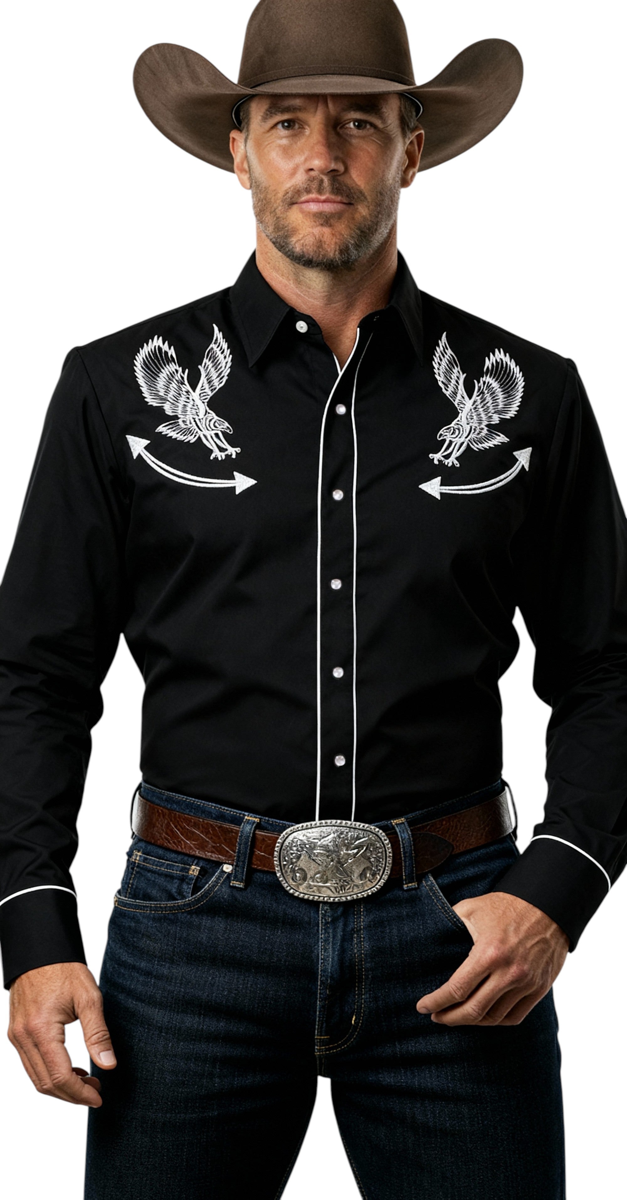 Chemise western noire brodée aigles