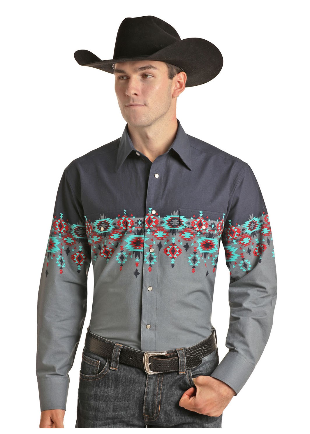 Chemise western motif Aztèque turquoise