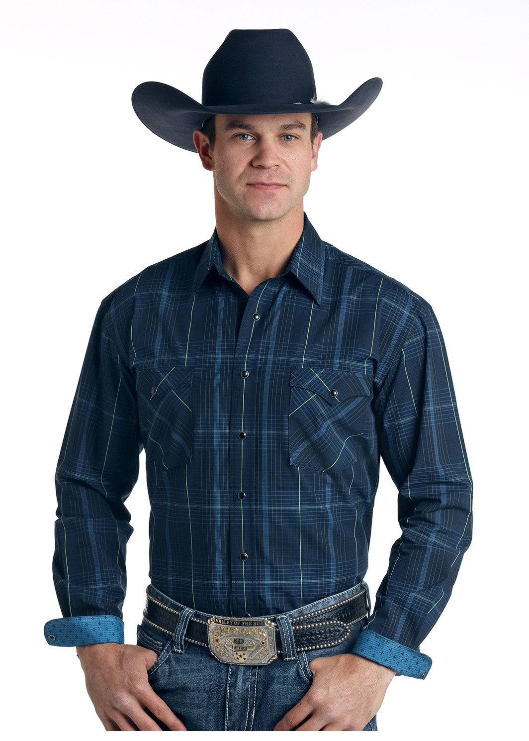 Chemise western à carreaux bleu foncé