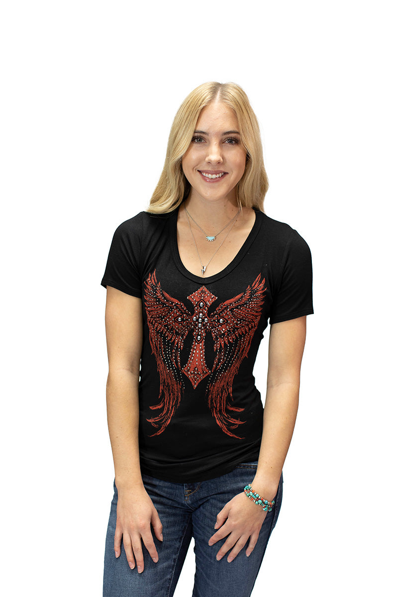 T-shirt croix ailée rouge - Femme