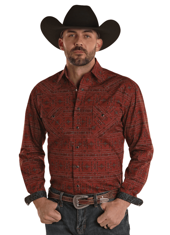 Chemise western motif Aztèque bordeaux