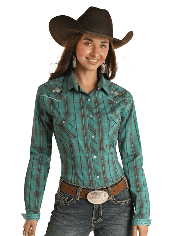Chemise Western Carreaux Turquoise Broderie Azteque - Femme