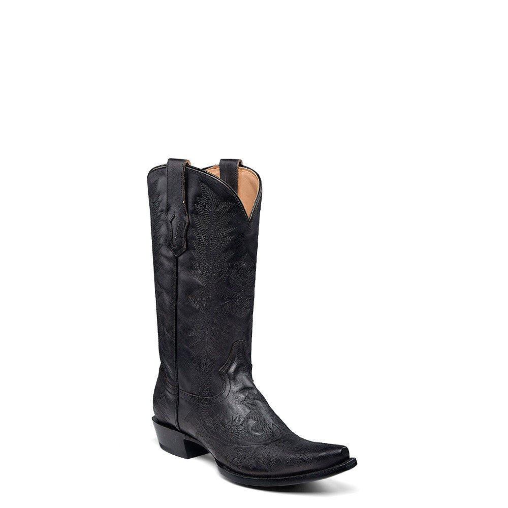 Black embroidered cowboy boots with pointed toes
