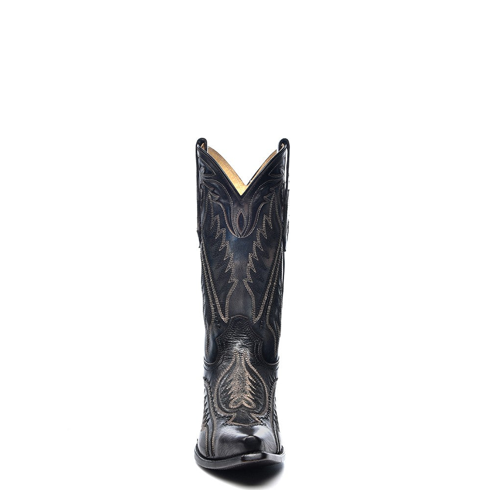 Black embroidered cowboy boots with pointed toes