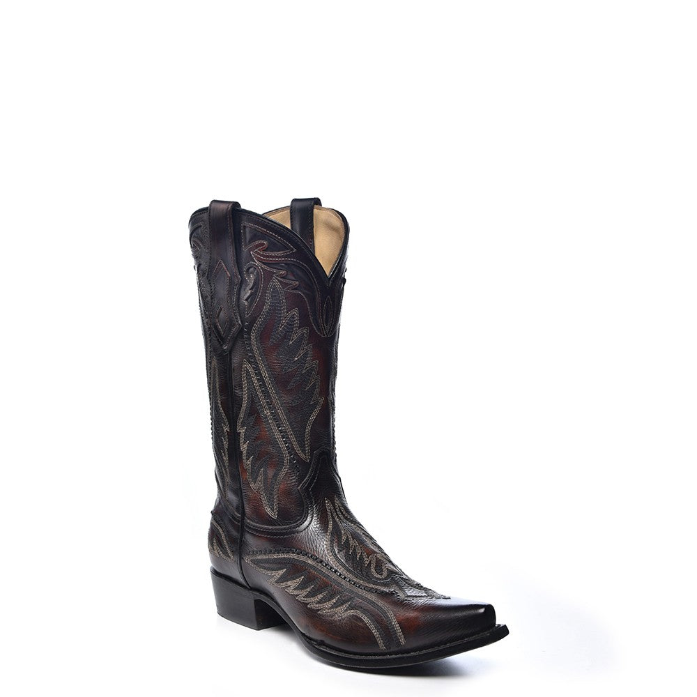 Brown embroidered cowboy boots with pointed toes