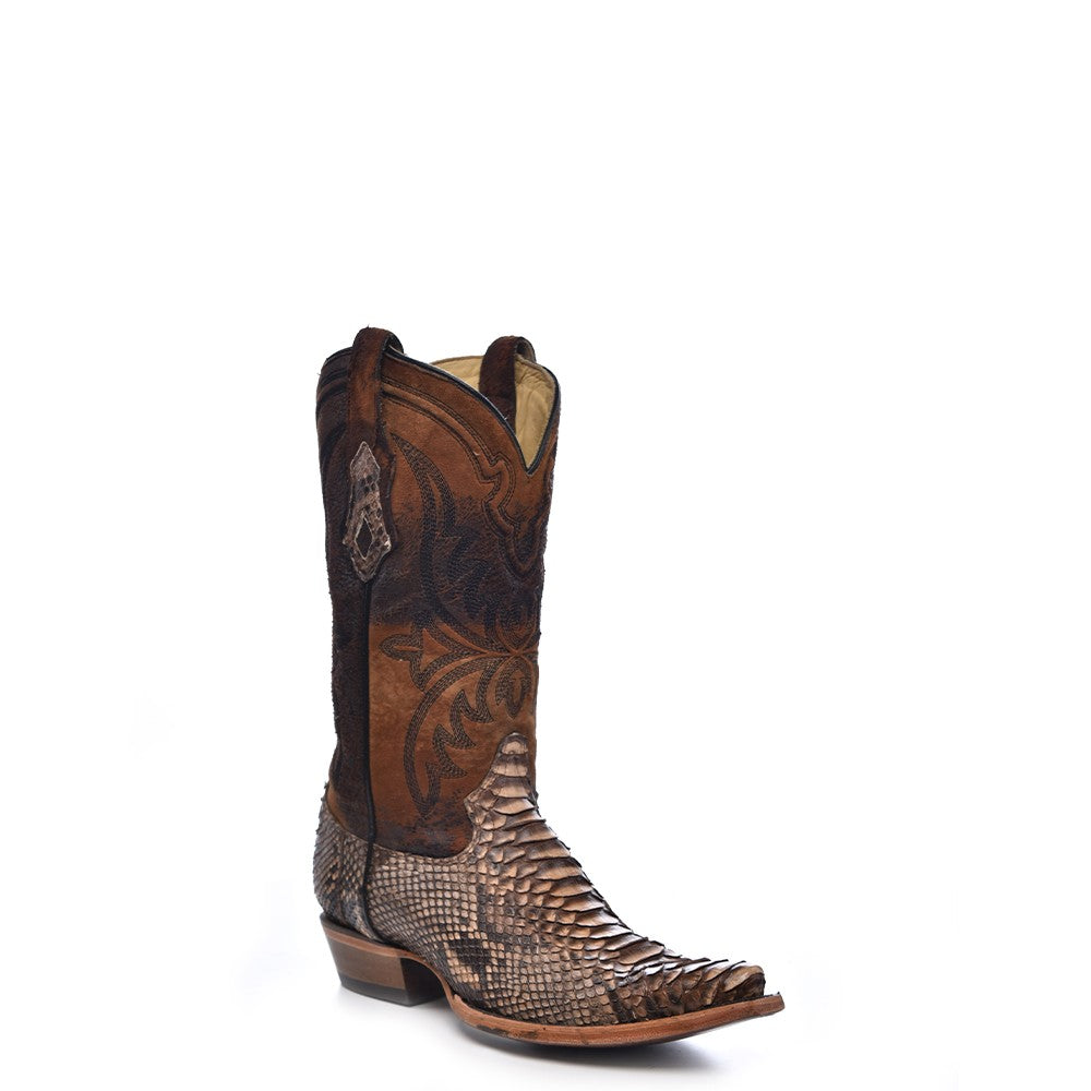 Brown python leather cowboy boots with pointed toes