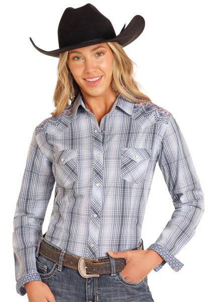 Chemise Western Carreaux Bleu Clair Broderie - Femme