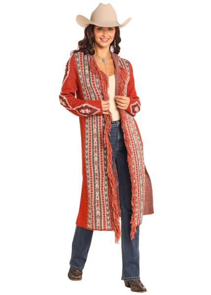 Long cardigan with Aztec patterns - Red