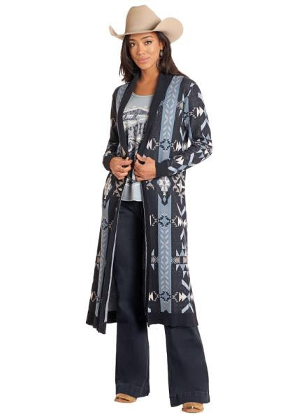 Long cardigan motifs Aztèques - Bleu