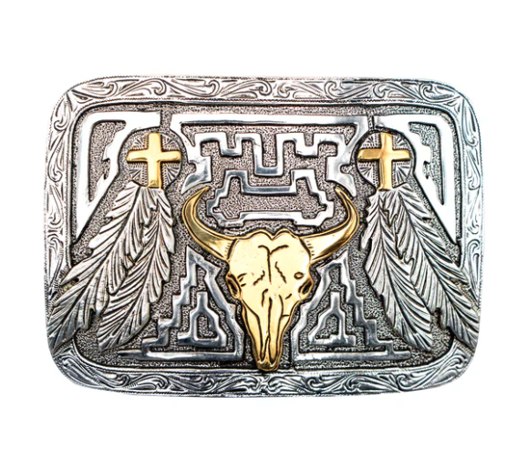 Boucle de ceinture western crâne et plumes