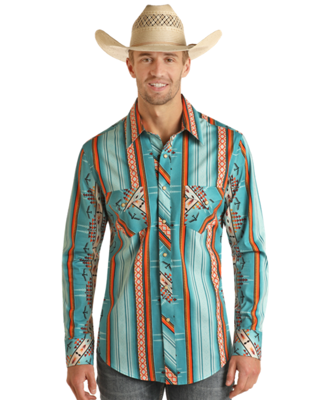 Chemise western motif aztèques turquoise
