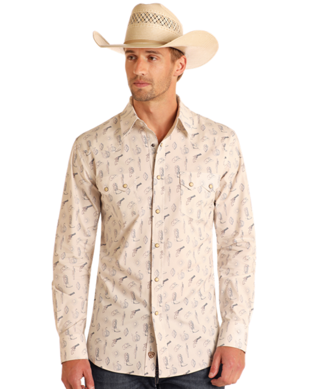 Chemise western motifs Hats & Guns beige clair