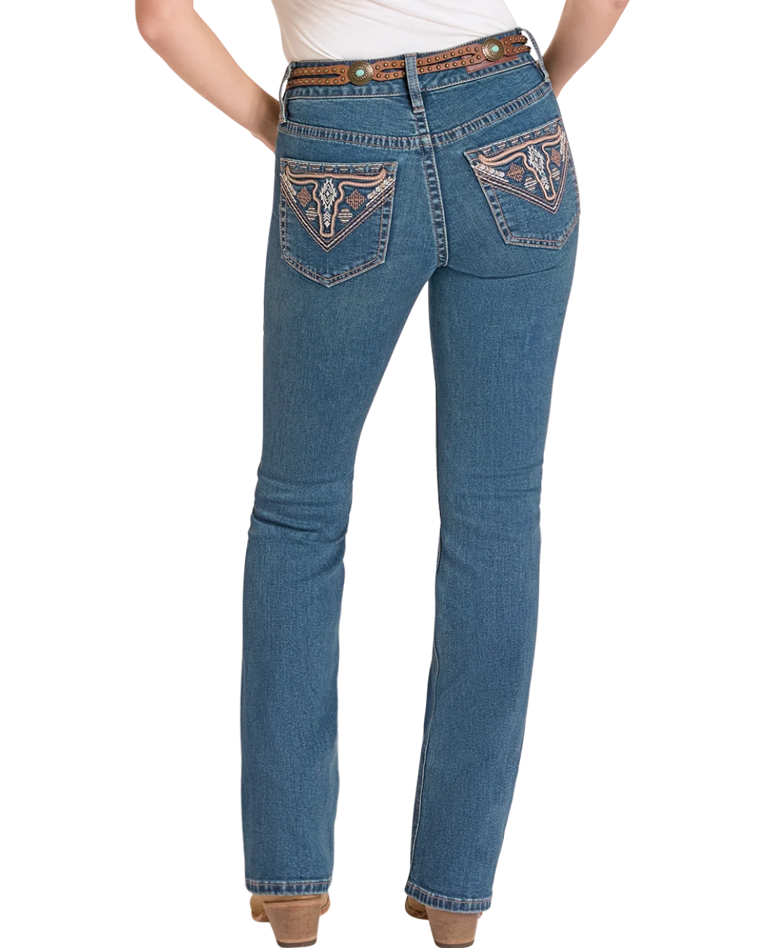 Jean Bootcut Taille Mi-Haute Tête de Longhorn Femme