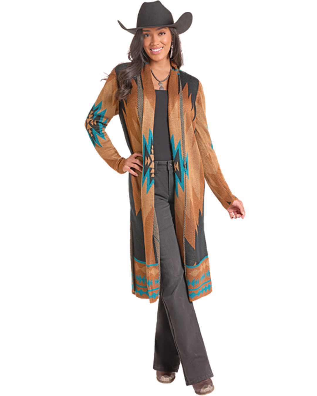 Long Cardigan Motif Aztèque Brun
