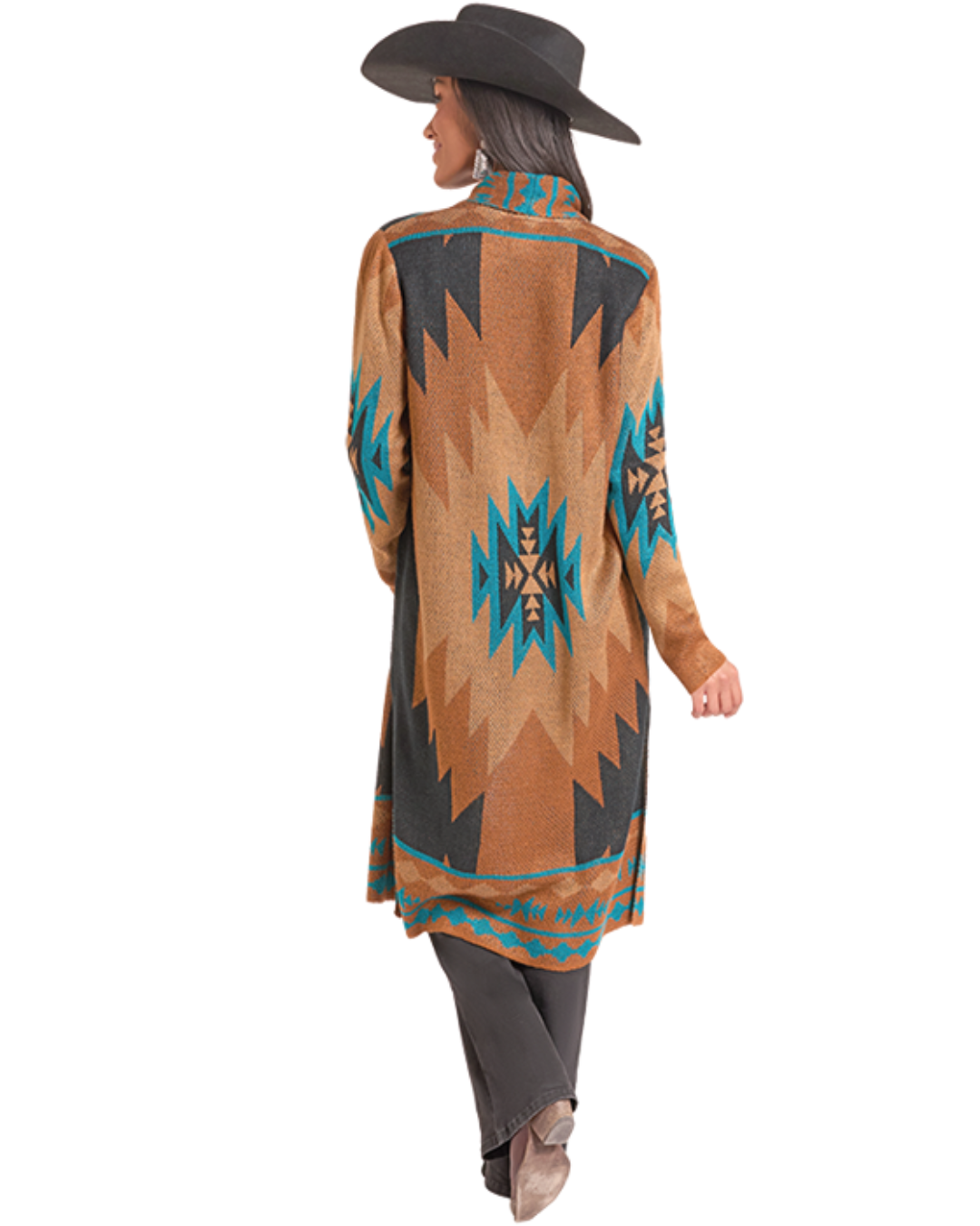 Long Cardigan Motif Aztèque Brun