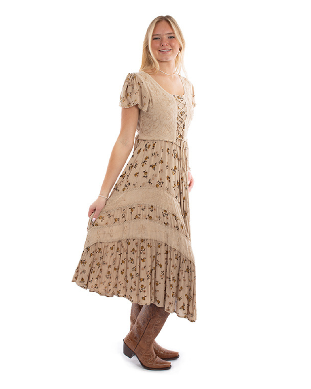 Robe Manches Courtes Fleurie Beige