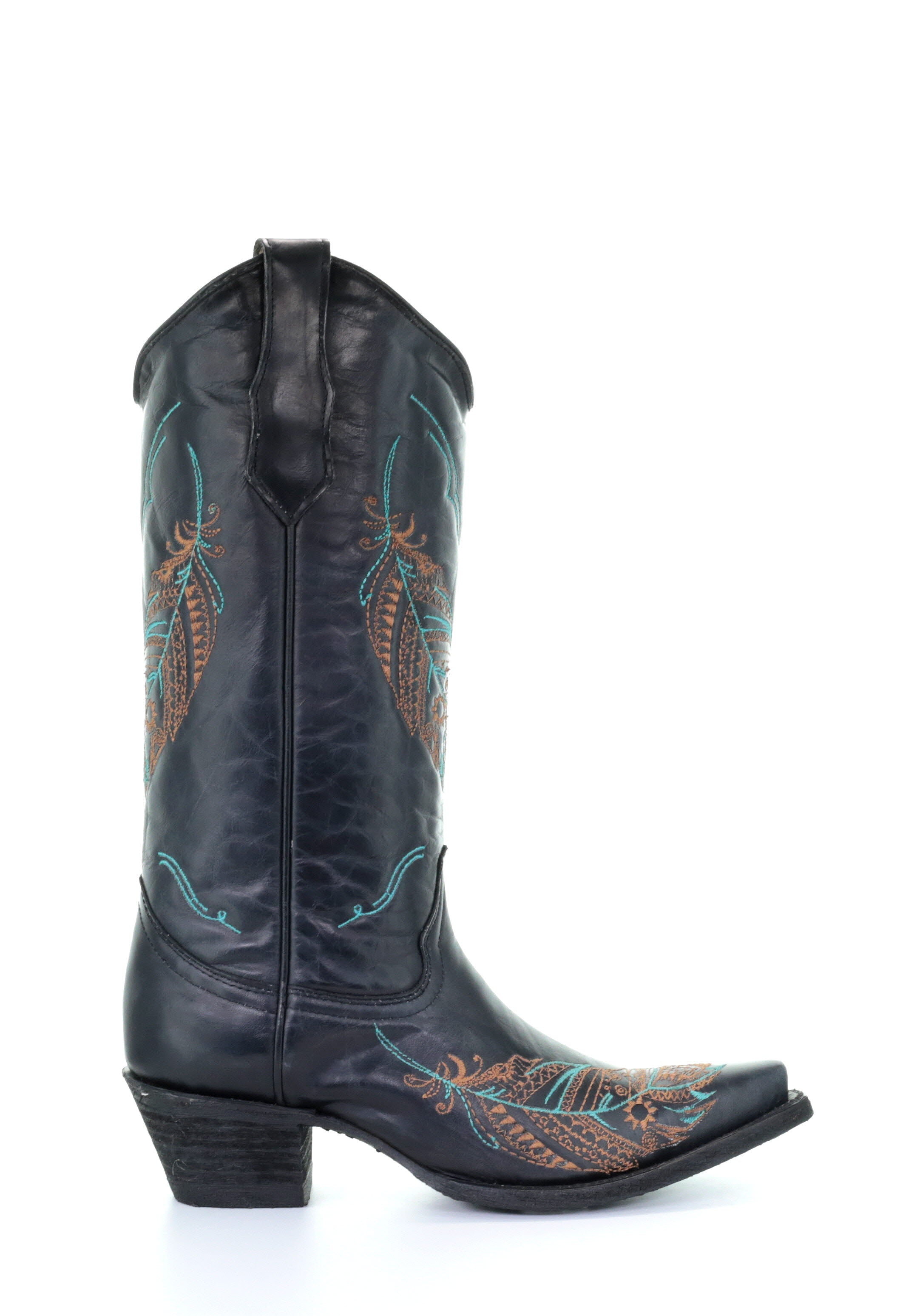Black cowboy boots with feather embroidery and pointed toes
