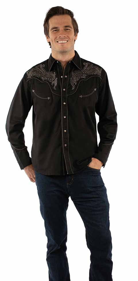 Chemise western brodée florale cloutée - Noir