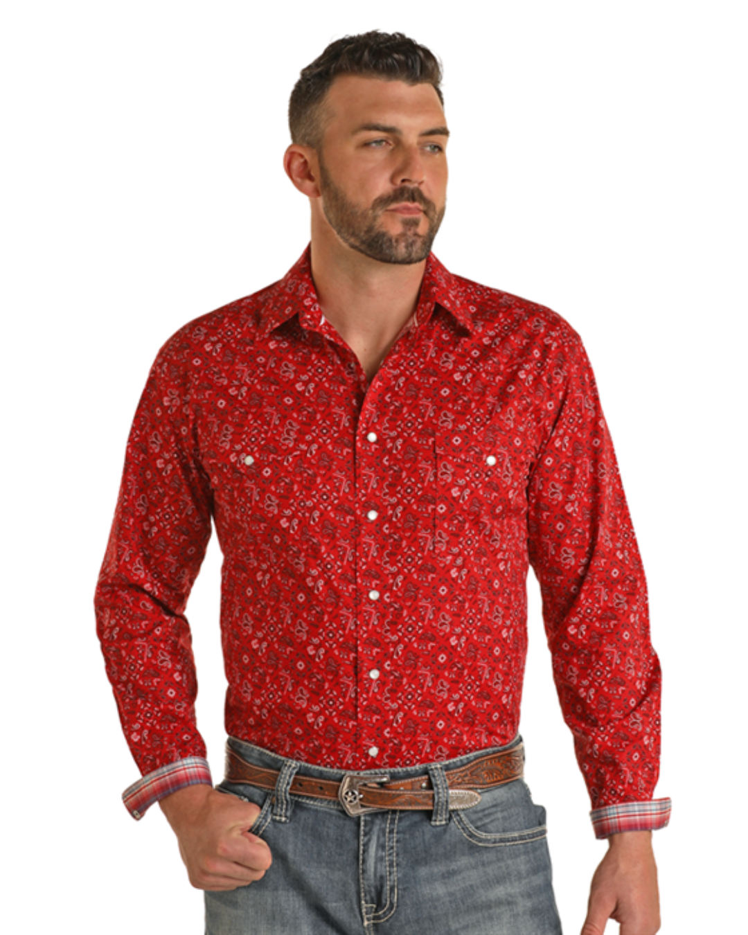 Chemise western motifs floraux rouge