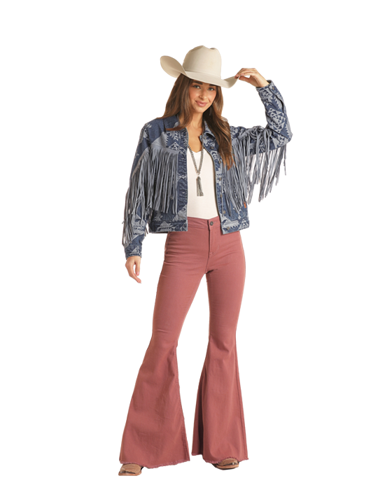 Aztec pattern fringed denim jacket