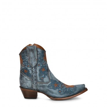 Bottines western bleues brodées bout pointu