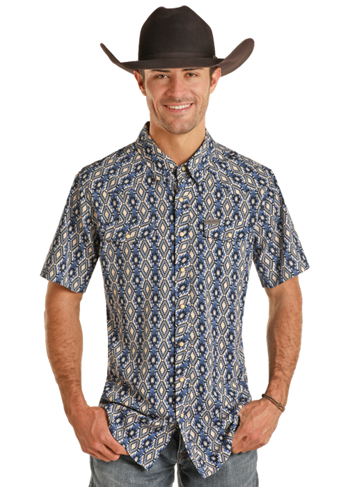 Chemise western manches courtes motif Aztèque - Bleu