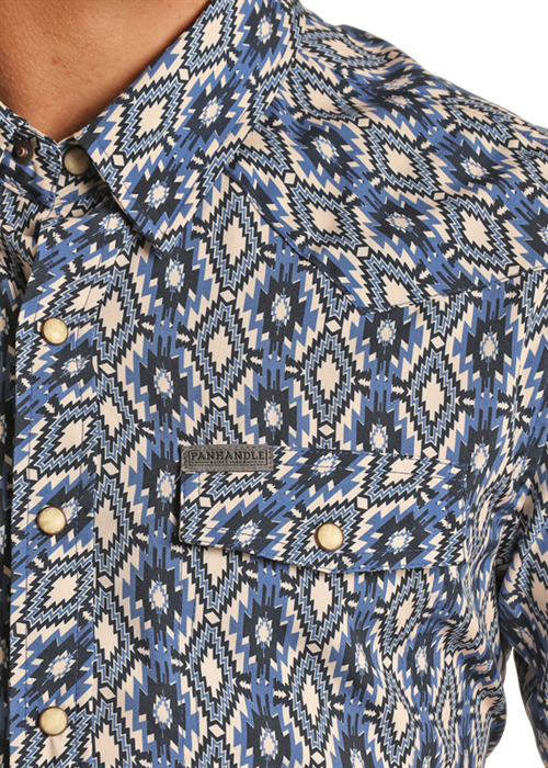 Chemise western manches courtes motif Aztèque - Bleu