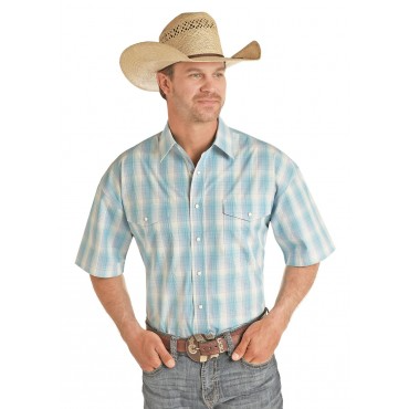 Chemise western à carreaux manches courtes - Turquoise