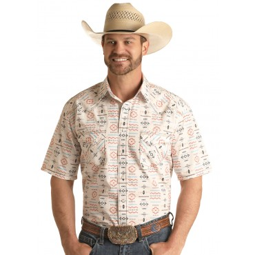 Chemise western manches courtes motif Aztèque - Blanc
