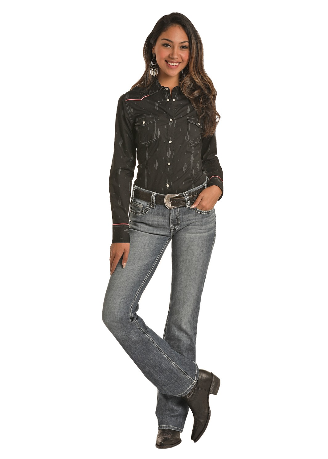 Chemise Western Noir Motif Cactus - Femme