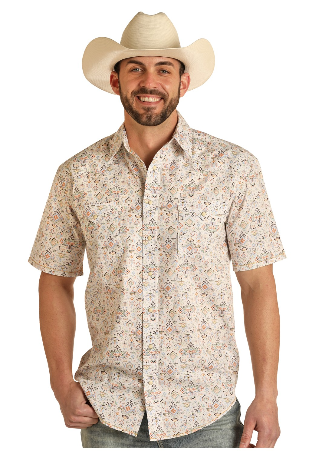 Chemise western manches courtes motif Aztèque - Beige