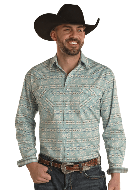 Chemise western motifs Aztèques turquoise