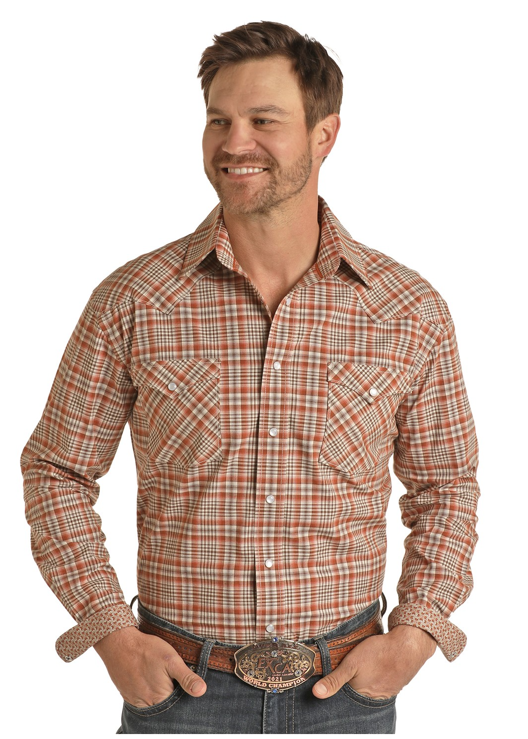 Chemise western à carreaux orange