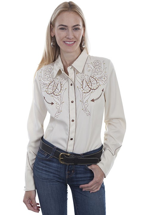 Chemise western brodée fers à cheval - Beige clair