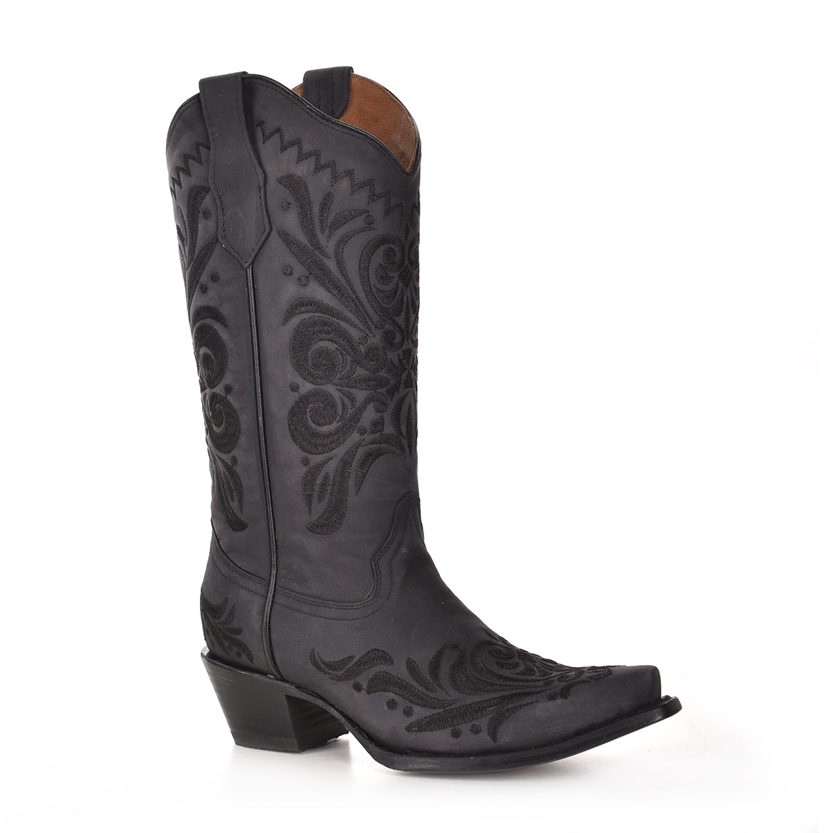 Black cowboy boots with black embroidery and pointed toes